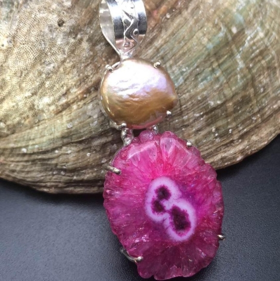solar quartz Jewelry - Natural Pink Solar Quartz and Pearl 925 hand crafted pendant 2 inches